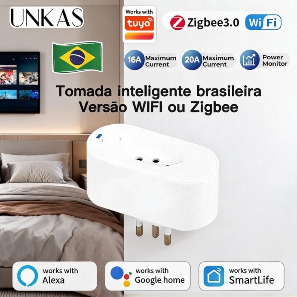 Zigbee Smart Plug Energy Monitor - UNKAS Works with Tuya 20A Brazil